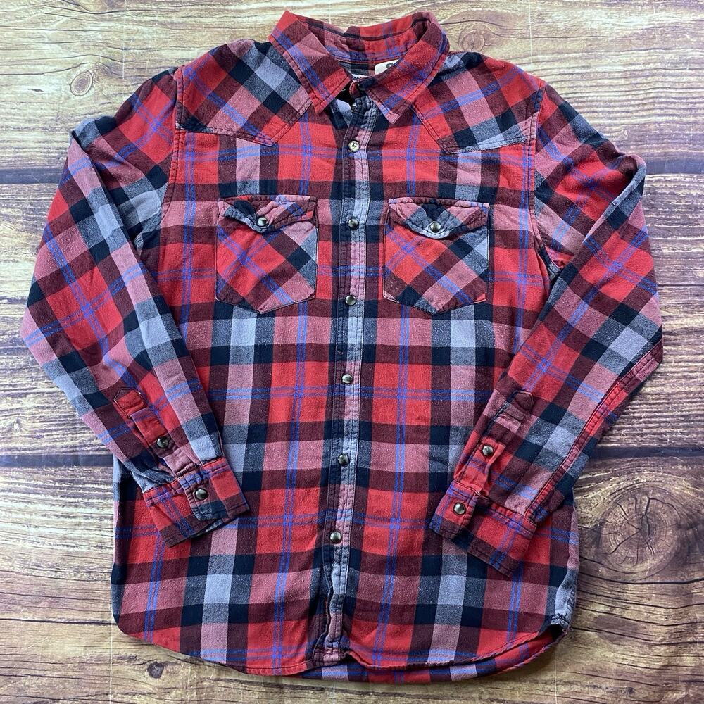 Vintage Mambo Men's Long Sleeve Snap Flannel Shirt Small Red Gray Black Plaid